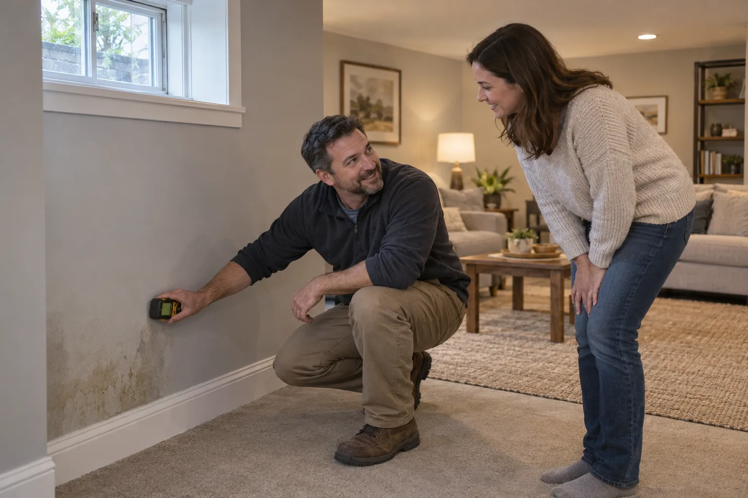 A homeowner and a mold provider reviewing a basement wall together in a Salem Lakes area home